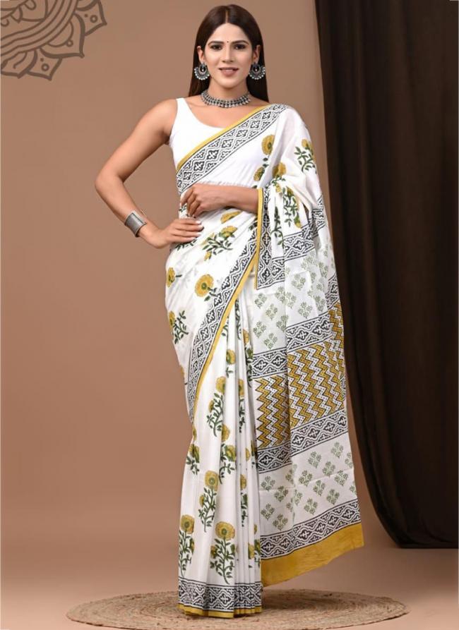 Cotton Mul Mul White Casual Wear Printed Saree